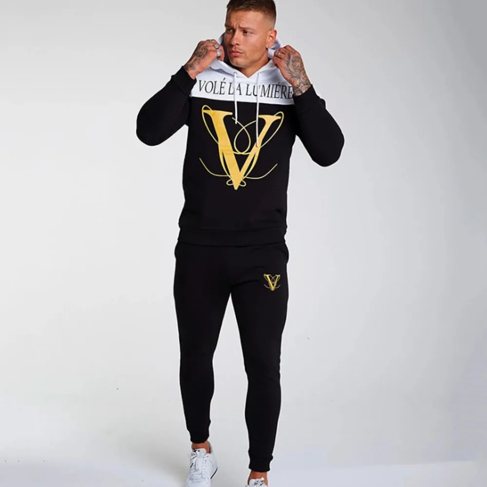 Autumn winter men's fitness hooded tracksuits Loose running training casual hooded coats+fashion pure color pants Jogger suits - Color: black