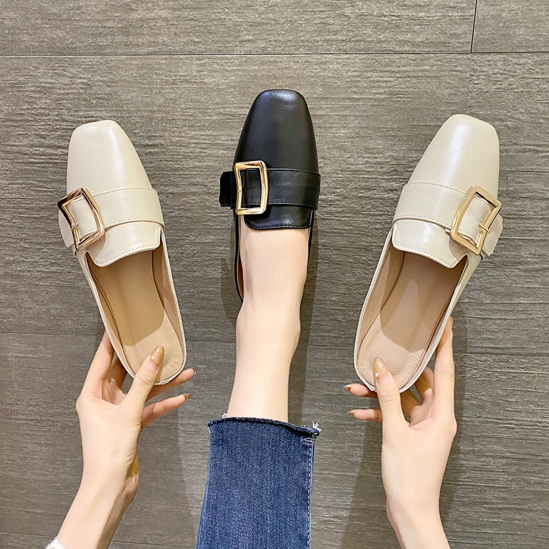 

DLEK Women's Loafers Low Heels Summer Mules Platforms Casual Beige Solid Shallow 2021 New Metal Decoration Ladies Shoes