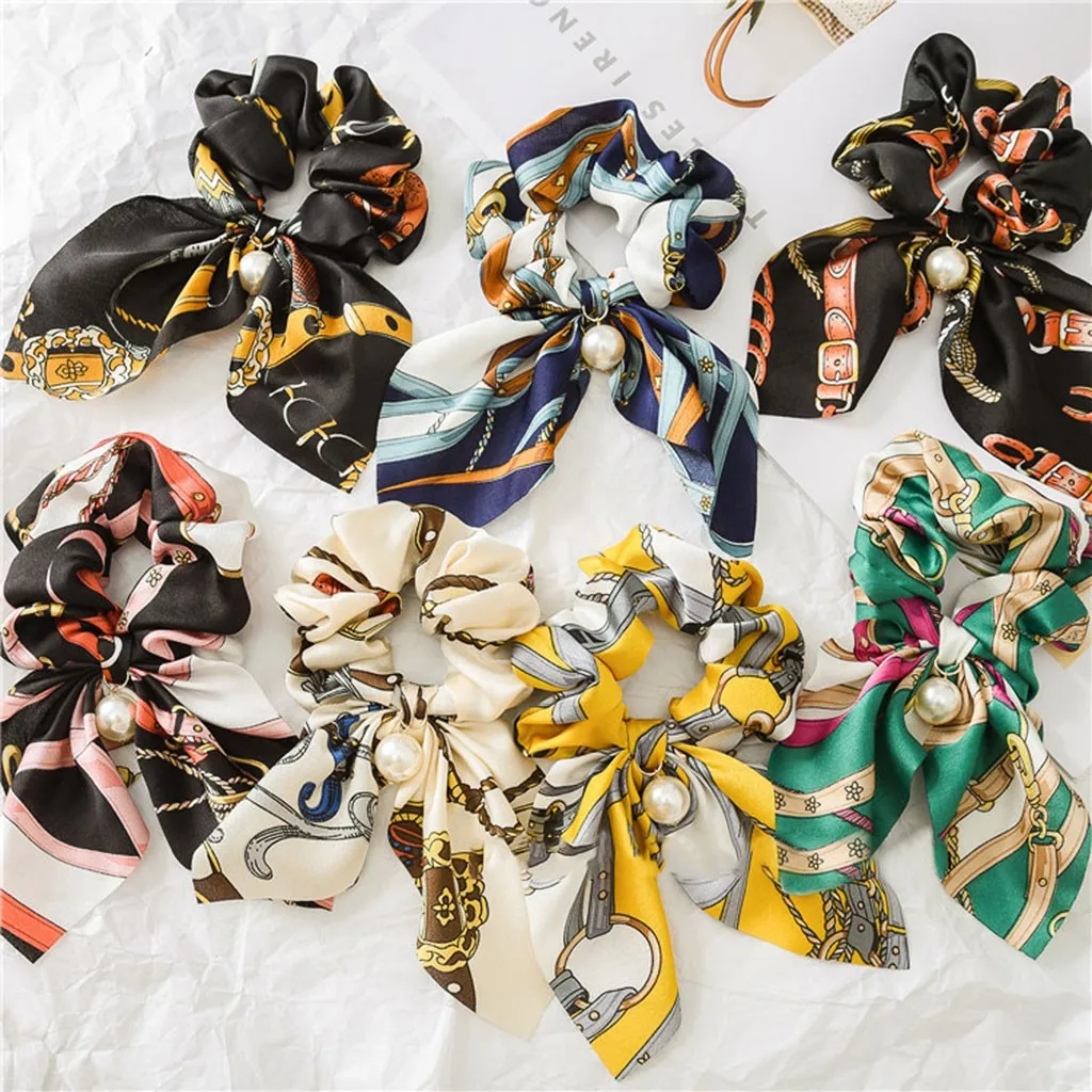 Шелковый шарф аксессуары для волос цветочный принт жемчуг большой круг бант