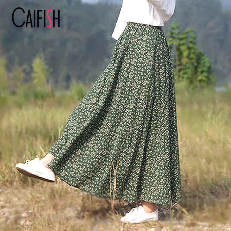 

CAIFISH Summer Autumn Women Floral Printed A Line Vintage Casual Skirts Midi Skirt Female Linen Cotton Skirts Big Hem QT085