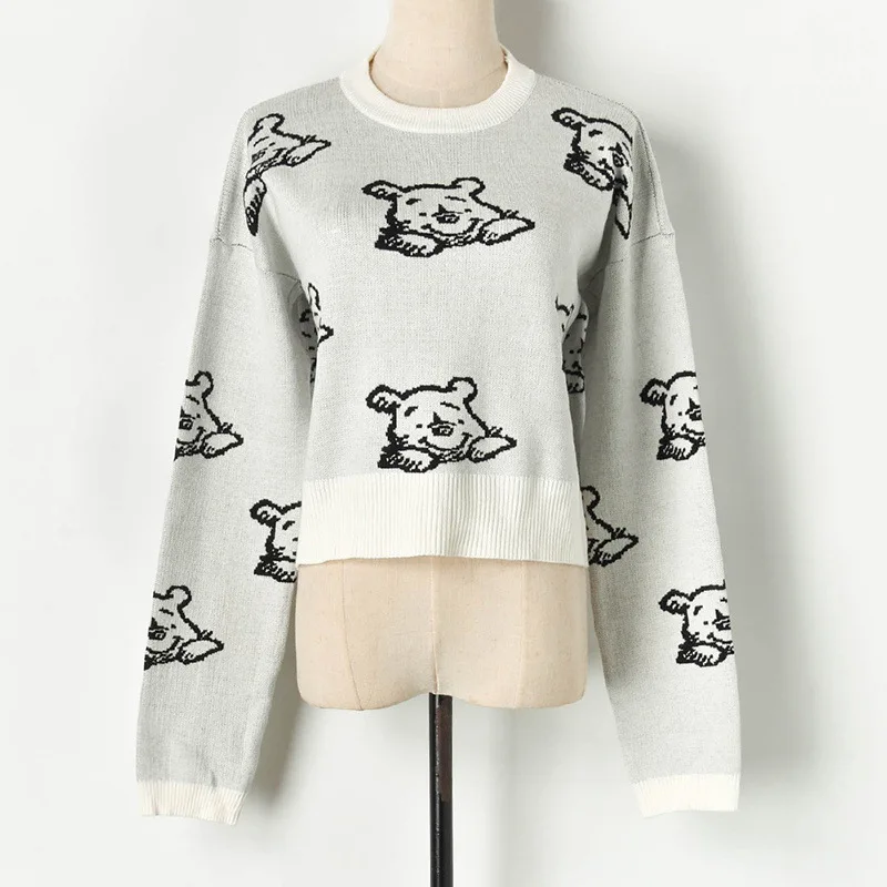 Women Cute Crop Sweater Top 2019 Autumn Crew Neck Long Sleeve Short Knit Pullovers Sweaters Bear Jacquard Loose Jumper | Женская одежда