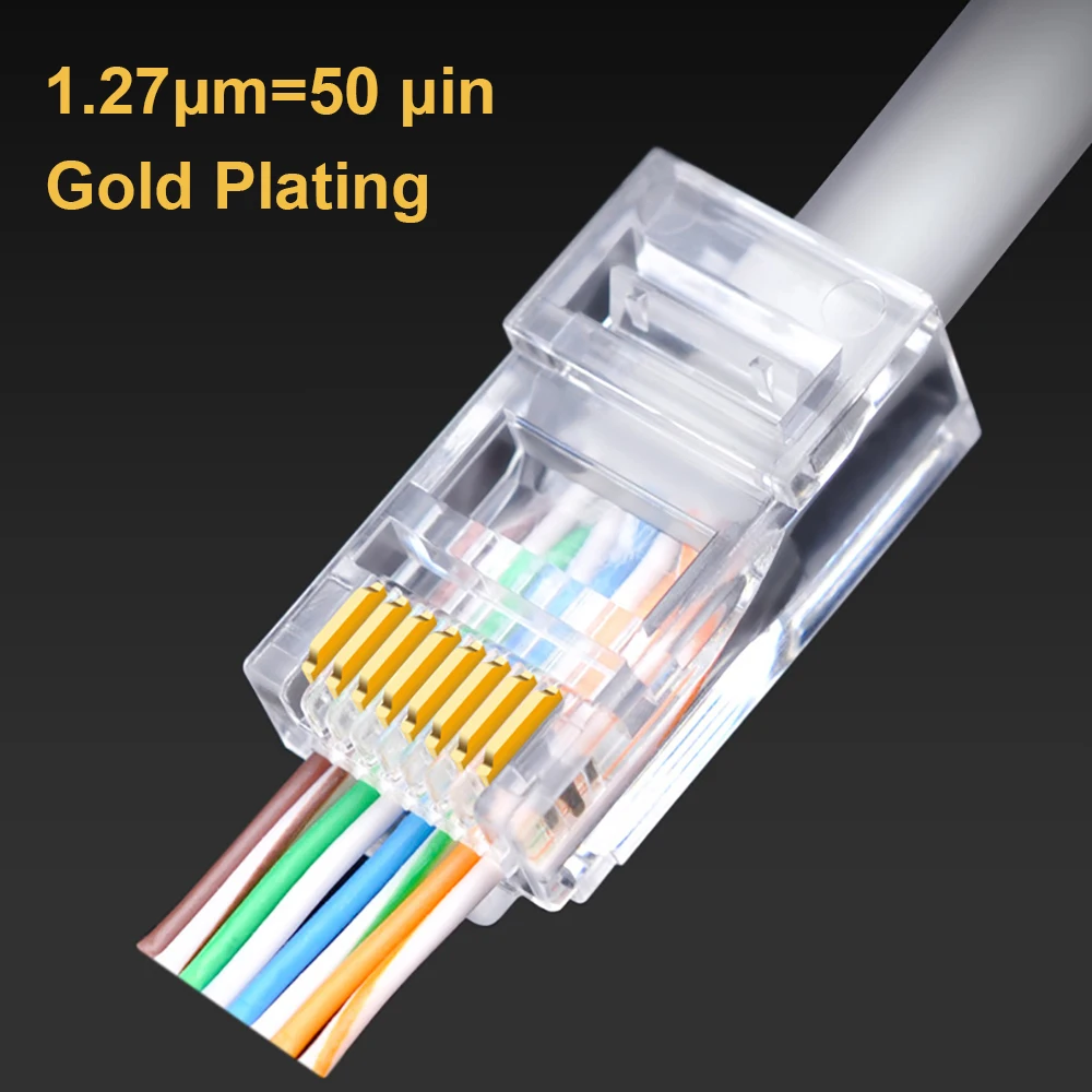 OULLX 50U RJ45 Connector Cat6 UTP Gold Plated Pass Through Ethernet Cables Network RJ-45 Crystal Heads Cat5 Cat5e 20/50/100pcs