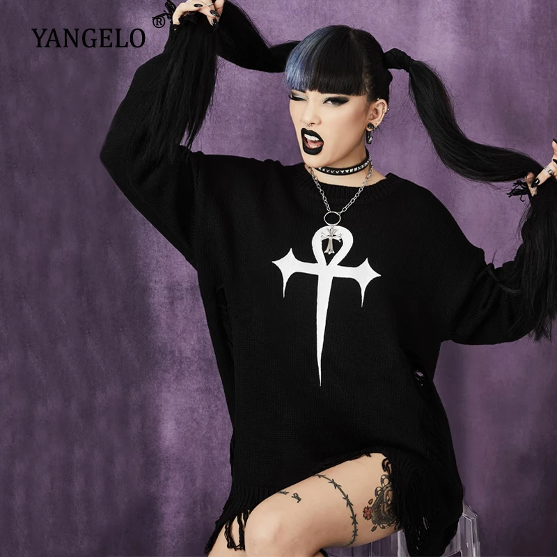 Yangelo Gothic Eternally Lifeless Distressed Sweater Women Autumn Winter Hole Long Sleeved Pullover Black Streetwear Female Top | Женская