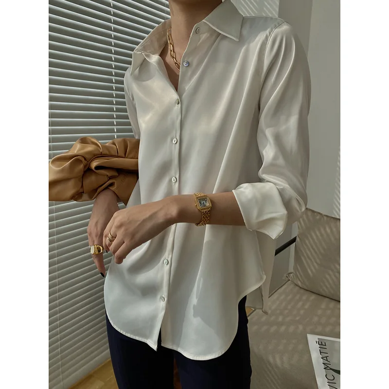 OL Single-Breasted Satin White Shirt Office Ladies High-Quality Long-Sleeved Blouse Spring Autumn Elegant Female Clothes | Женская