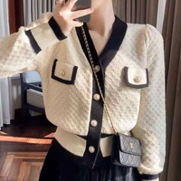 ardm chic korean fashion knitted vintage cardigan women patchwork long sleeve outfits color contrast elegant party white sweater