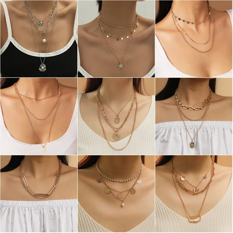 

Vintage Multilayer Coin Choker Pendant Necklace for Women Punk Angel Queen star Wafer Pearl Bee Butterfly Lock Necklaces Jewelry