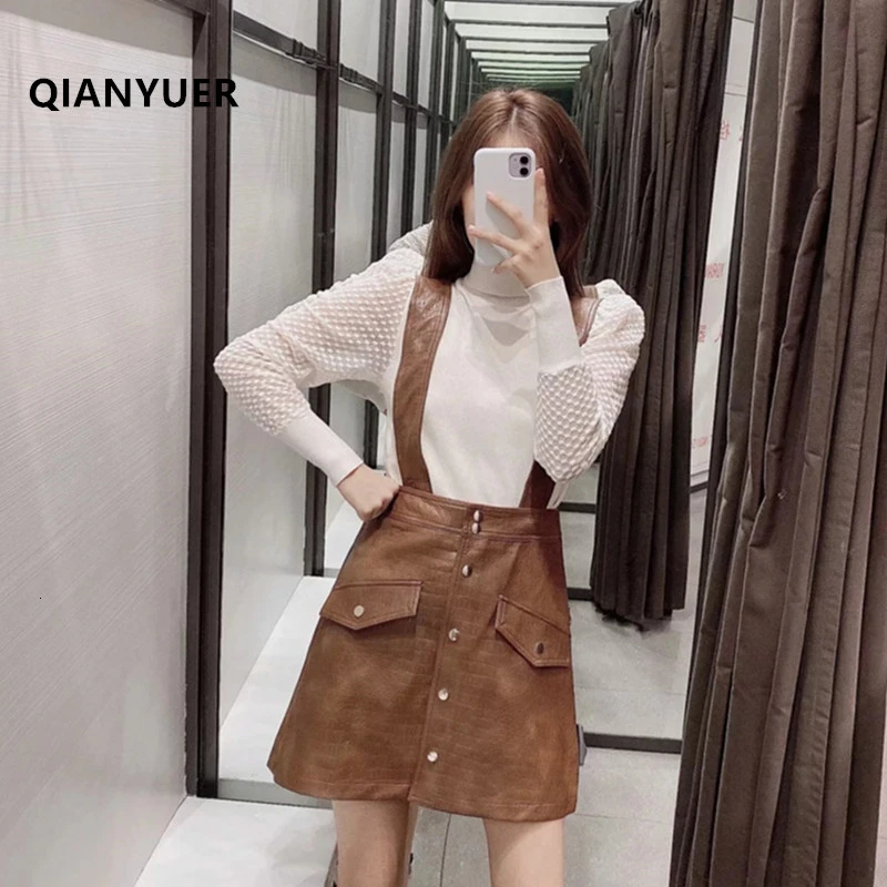 Women Faux Leather Dress Fashion Streetwear PU Soft Animal Print Overalls Autumn High Waist Lady Strap Mini | Женская одежда