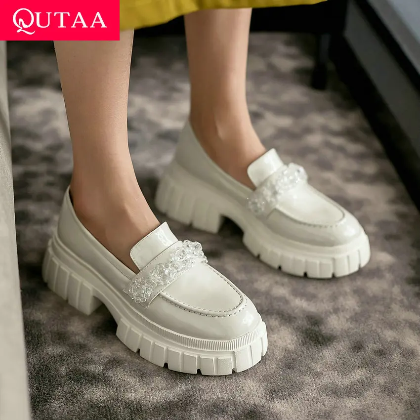 

QUTAA 2021 Crystal Round Toe Square High Heels Spring Autumn Genuine Leather Female Pumps Fashion Platform Women Shoes Size34-39