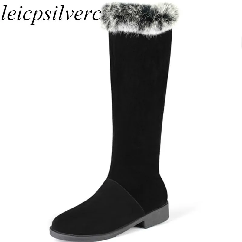 Женские ботинки Осень зима на среднем каблуке теплые с круглым носком из флока до