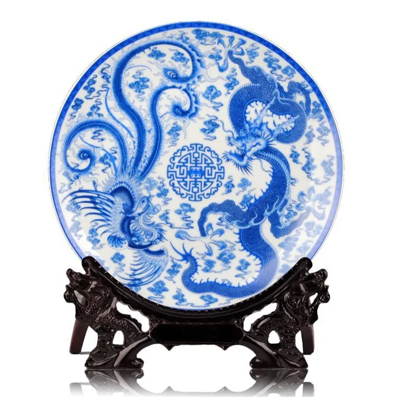 Высококачественная сине белая подвесная тарелка с драконом и Фениксом