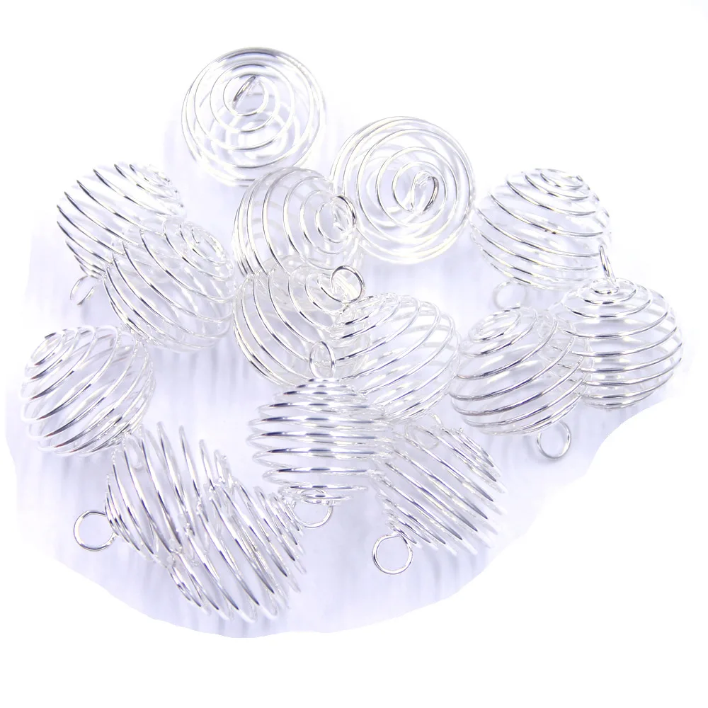 50Pcs Pendants Spiral Bead Cages Adjustable Round Alloy Silver Plated Charm Fashion Jewelry DIY Finding 29x24mm