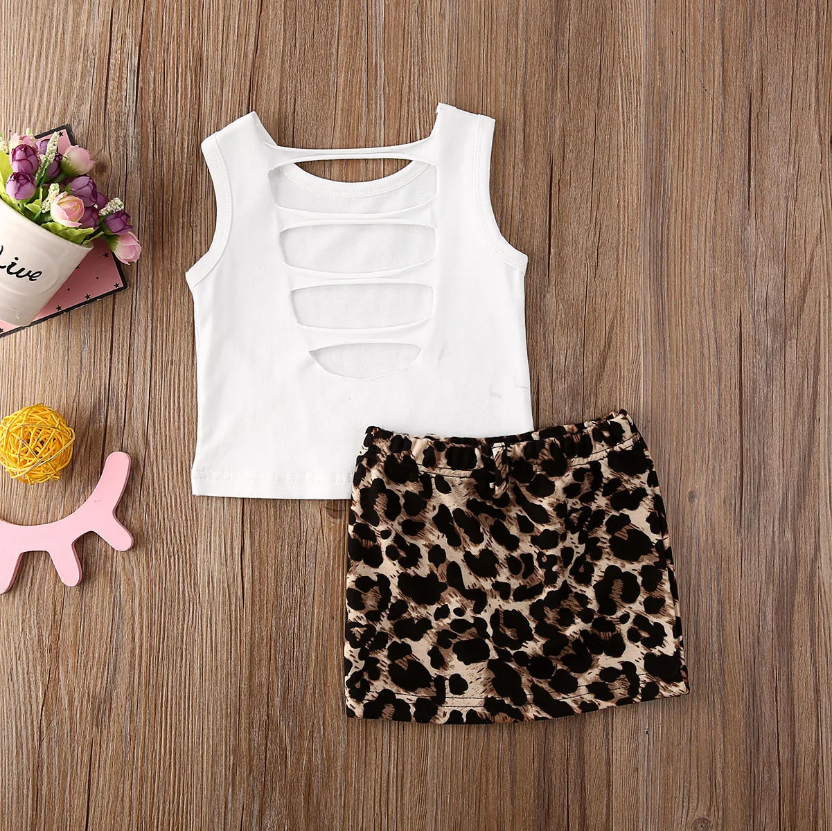 2020 Newest Hot Baby Summer 2PCS Clothes Set Newborn Kids Girl Ripped Vest Top T-shirt+Leopard Print Skirt Outfits |