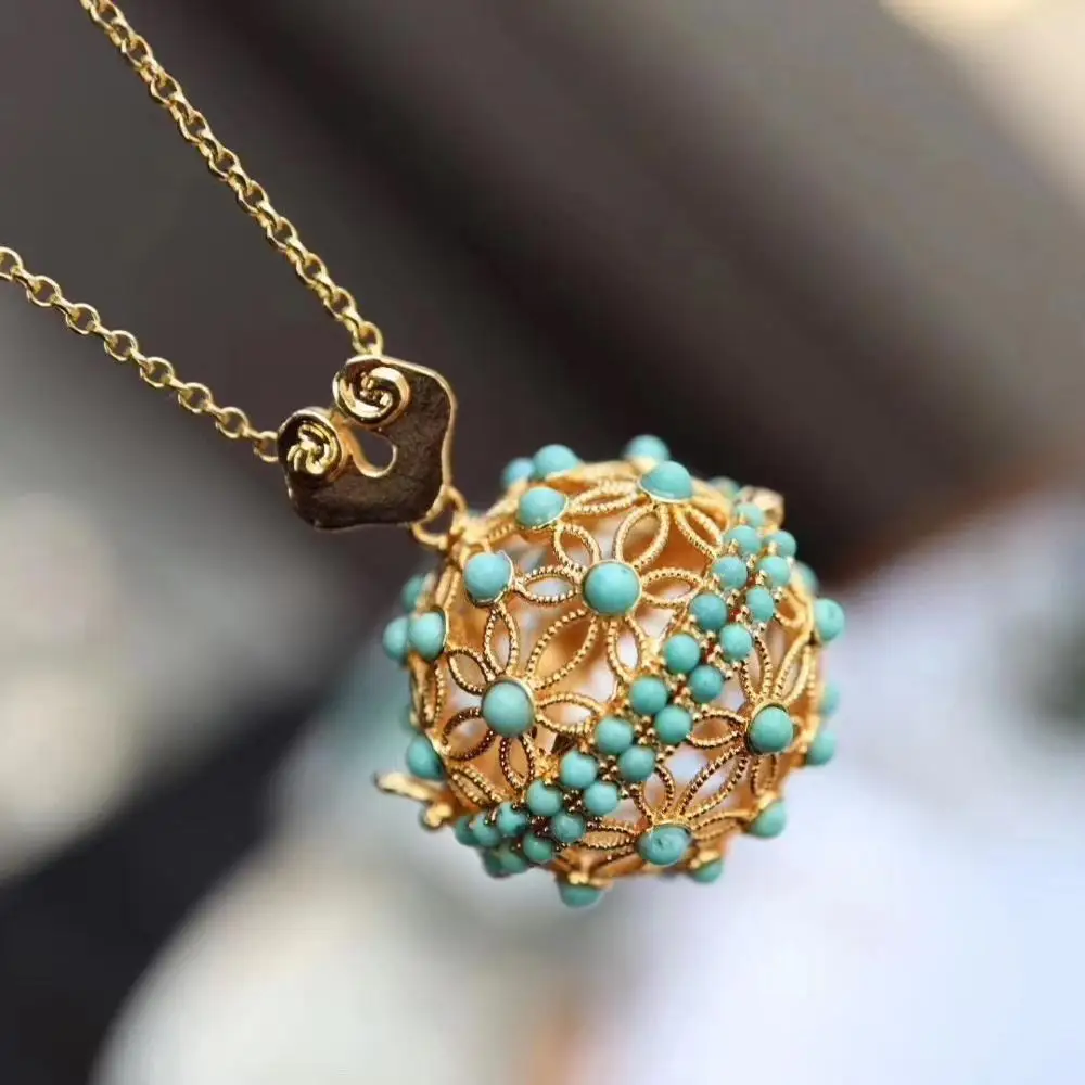 UBESTNICE S925 Gold Filled Natural Original Turquoise Opened Hollow Flower Birdcage Ball Pendant Necklace For Women Fine Jewelry