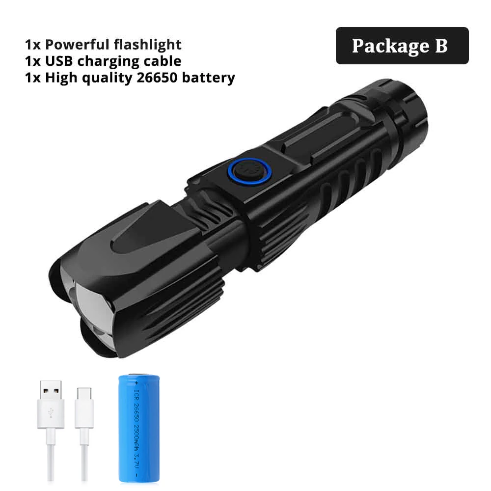 Package B Супер яркий светодиодный тактический фонарь высокой мощности XHP50/70,2/90, охотничий фонарь, USB зарядка, телескопическая лампа с зумом, аккумулятор 26650 - Испускаемый цвет: Package B