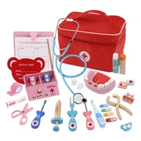 simulation play house toy pretend play wooden doctor toy red cloth bag medical set dentist role playing toy for children kids