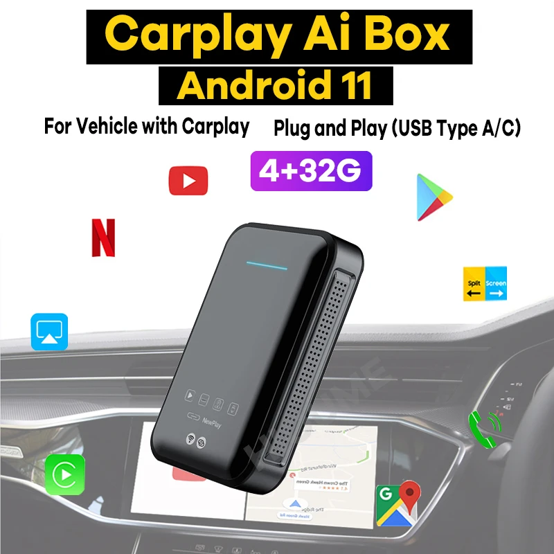 

Android 11 4+32G New Wireless Apple CarPlay Ai Box iPhone Car Multimedia Player GPS Youtube, Netflix Auto TV Box