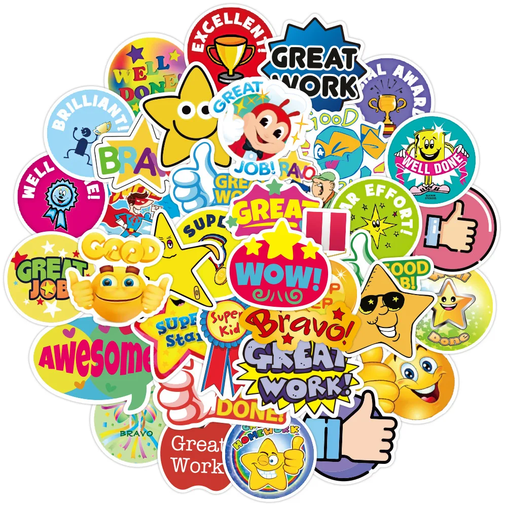 

50Pcs Cartoon Words Stickers Reward Sticker For Teacher Encouragement Children Face Label Stickers for Reward Kids