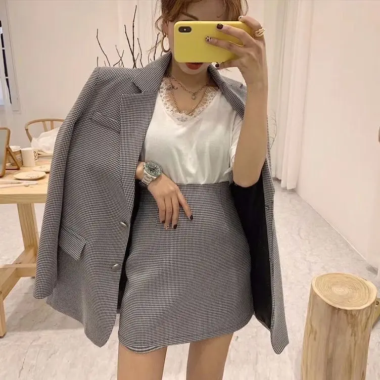 

women spring n fashion suit office lady blazer&skirts sets high waist skirt two-piece single breasted outwears