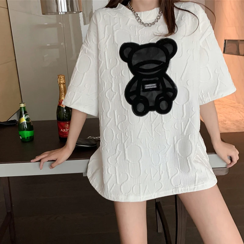 

Harajuku Girls' Plus Size Short Sleeve Women's T-Shirt Letter Jacquard O-Neck Top Loose Summer T-Shirt Bear White T-Shirt M-4XL