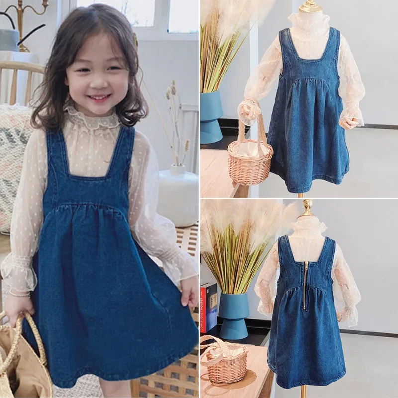 

2020 Autumn Girls Sweet Dress Suit Children Lace Wave Point Print Tops + Vest Skirt Two Pieces Baby Girls Cute Clothes Suit 1-7Y