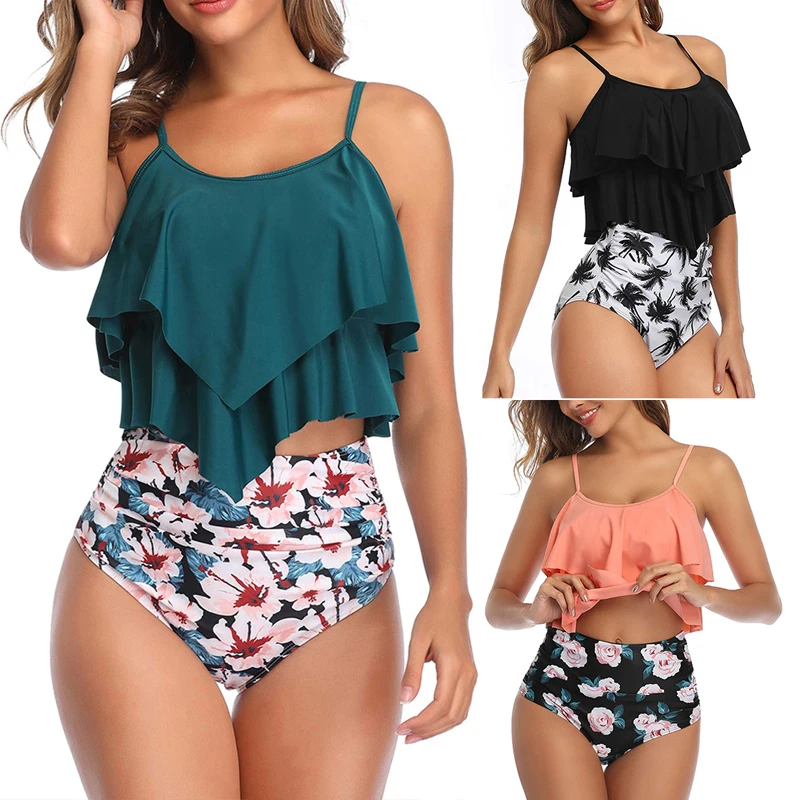 Женский купальник с оборками 2 шт. высокой талией танкини купальный костюм пуш ап