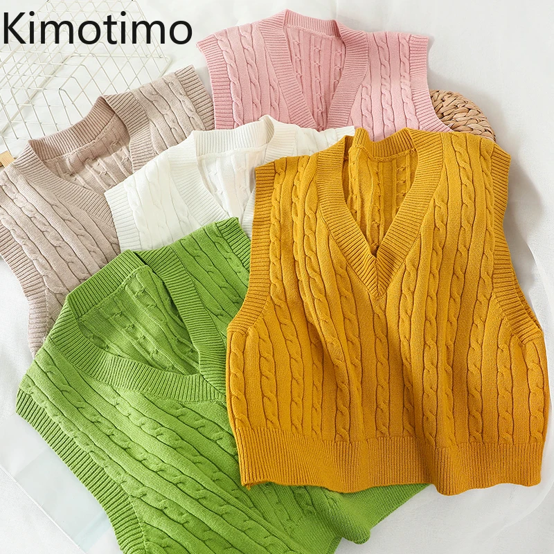 

Kimotimo, вязаный жилет, жилет, Женский пуловер 2020 с V-образным вырезом, корейская мода, в стиле преппи, Харадзюку, повседневный джемпер, свитер, т...