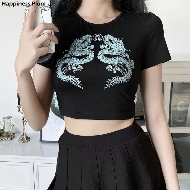 

Harajuku Sexy Black T-shirts Women Streetwear Gothic Dragon Print Bodycon Tops Casual Female Summer T-shirt