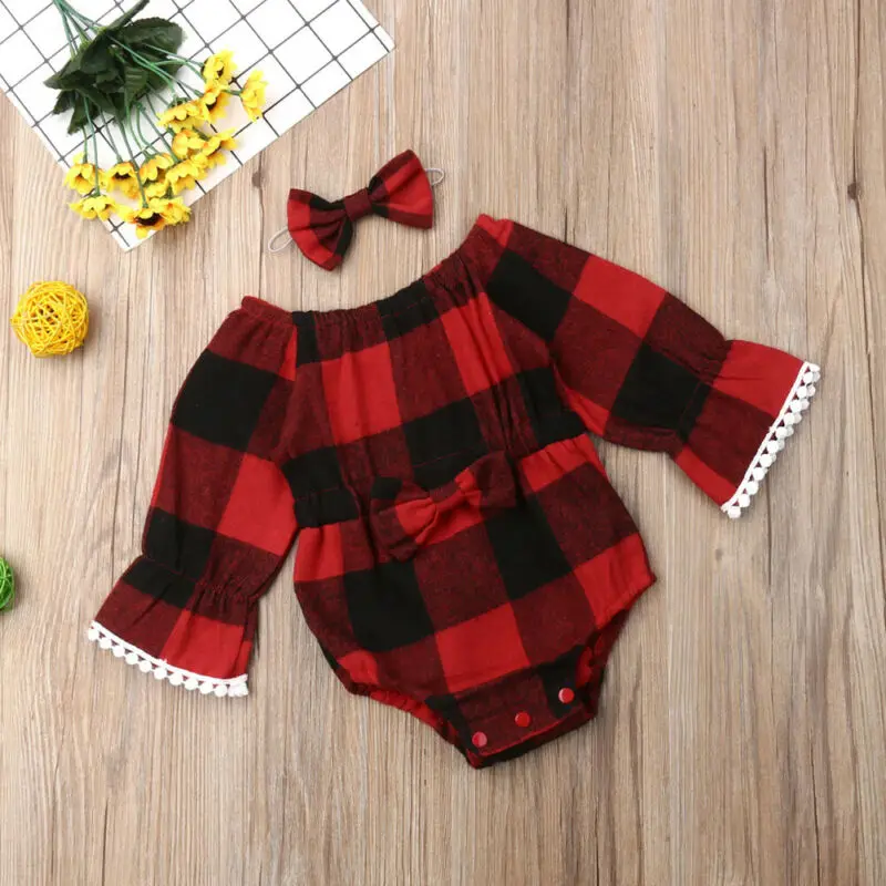 

Baby Girls Cotton Romper Casual Newborn Baby Girl Off-Shoulder Plaid Bowknot Romper Long Sleeve Bow Jumpsuit+Headband Clothes
