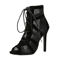 2021 fashion show black net suede fabric cross strap sexy high heel boots woman shoes pumps lace up peep toe sandals boots