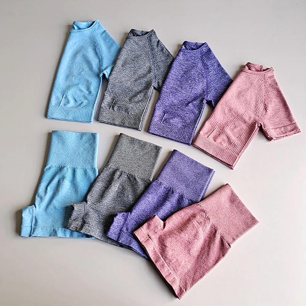 

New Women Yoga 2 Piece Outfits Workout Running Crop Top Seamless High Waist Shorts Sets
