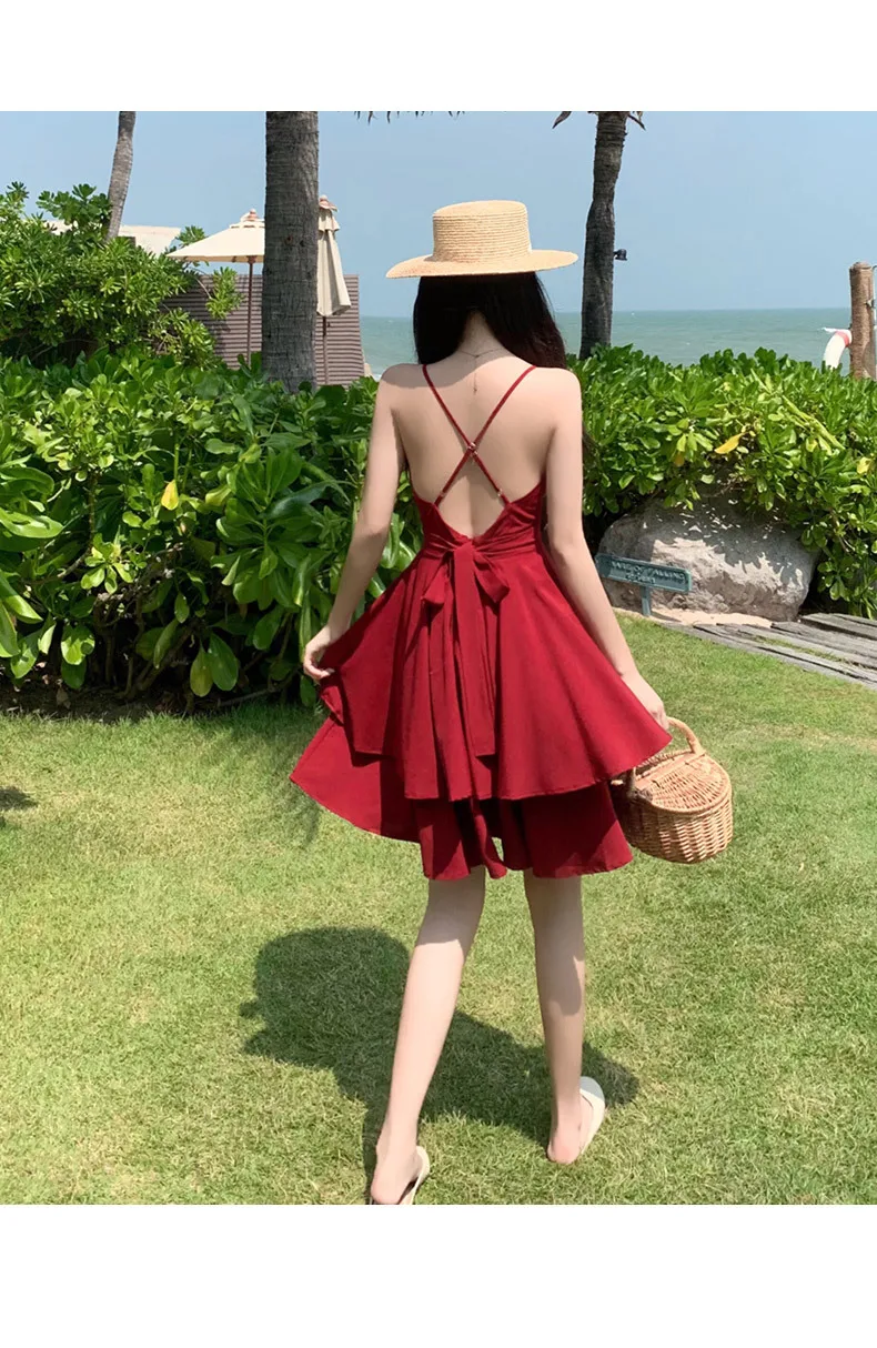 

OUSHANG Summer Ruffles Sexy Dress Women Red Spaghetti Strap V Neck Backless Dresses Mini Zipper Club Party Female Dress Vestidos