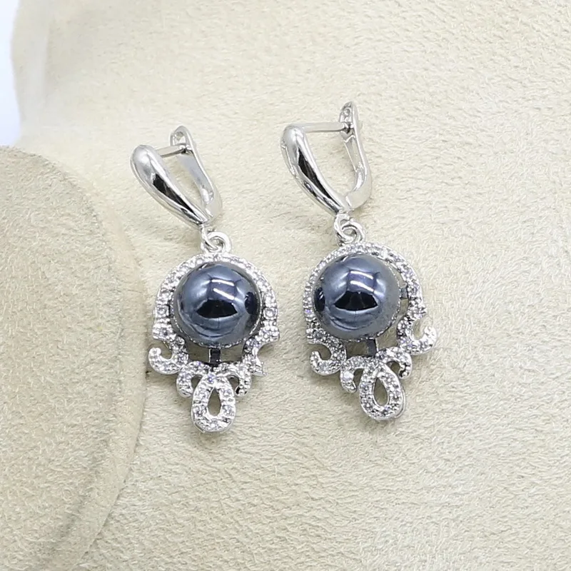 Серебряная бижутерия для невесты черный жемчуг набор украшений женщин кольцо