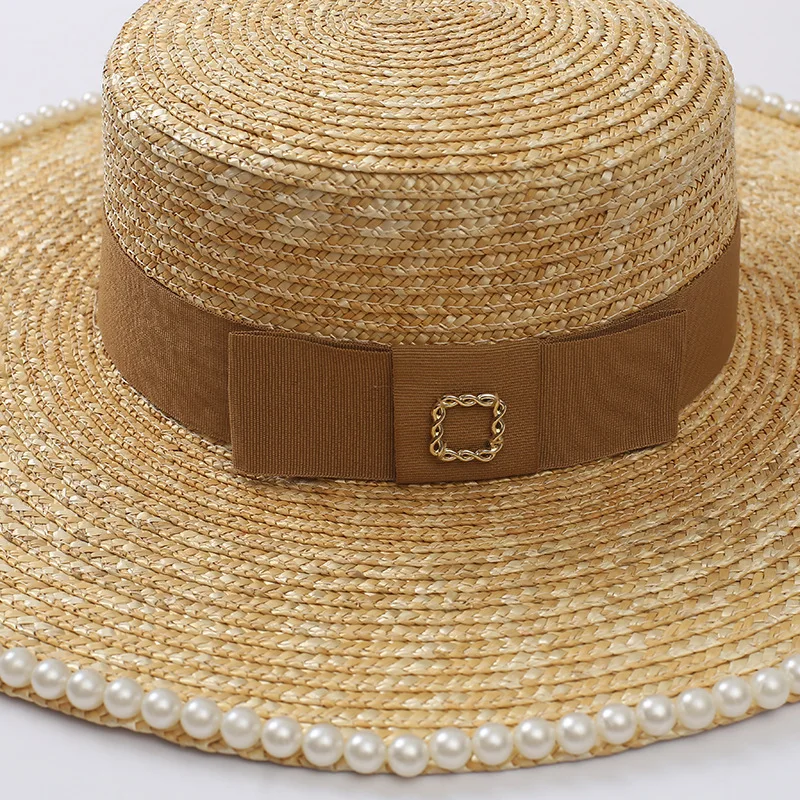 Соломенная шляпа с широкими полями и жемчугом Женская элегантная пляжная
