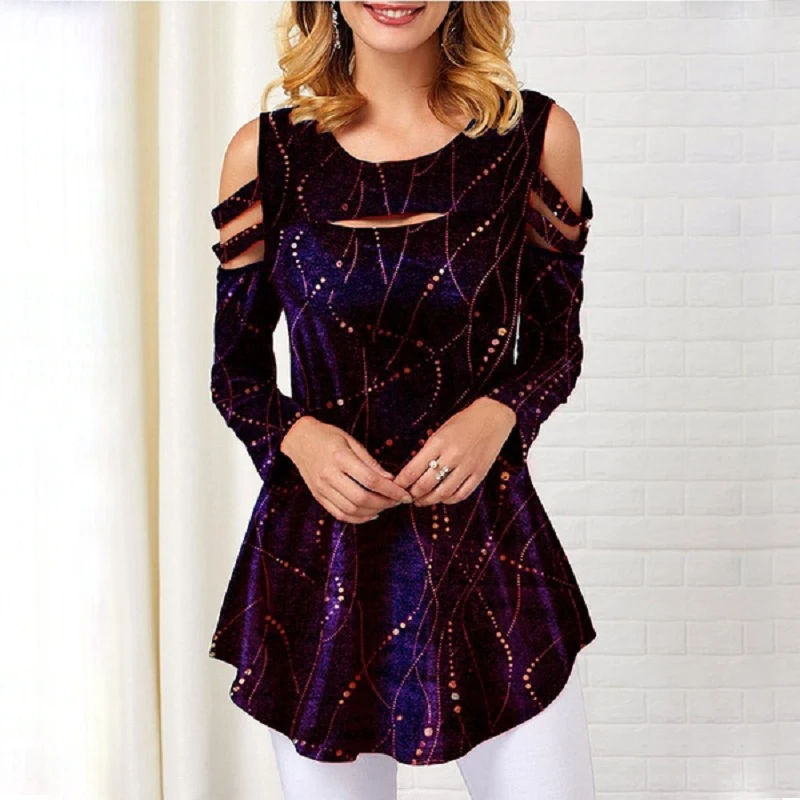 YELITE туника топы Женская Сексуальная Блузка с принтом открытыми плечами