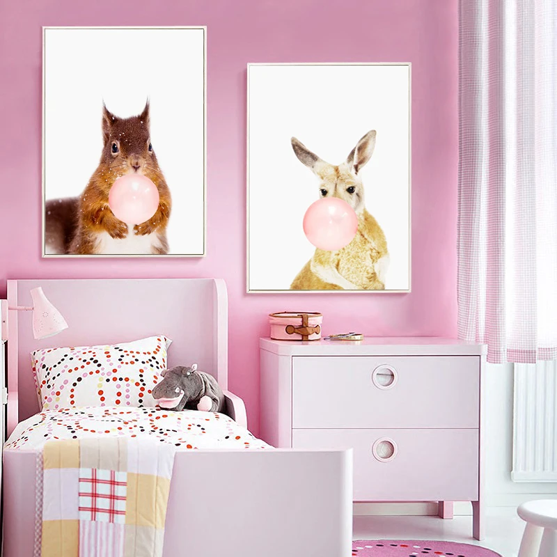 Pink Bubble Gum Giraffe Zebra Animals Canvas Painting Nursery Wall Art Print Nordic Poster Pictures For Kids Room Decorr | Дом и сад