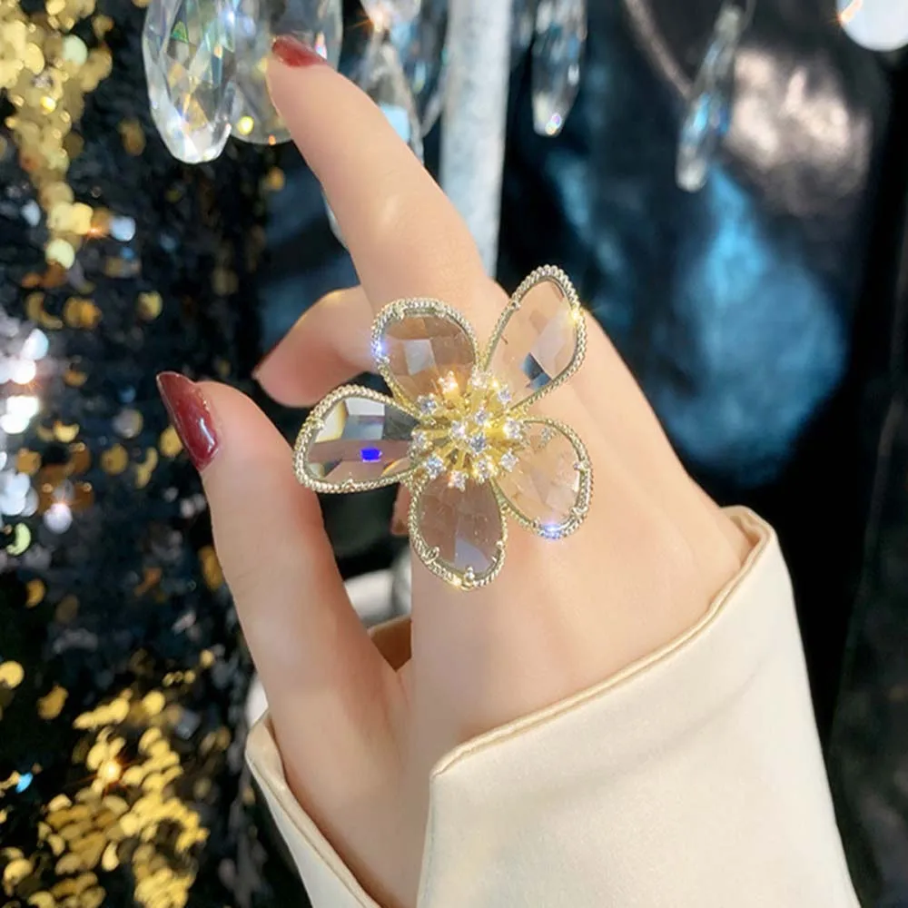 Новое корейское кольцо для пальцев роскошное Открытое с кристаллами цветком на