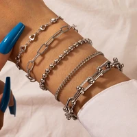 5pcssets retro silver color chain bracelet set for women hollow geometric love heart adjustable bohemian jewelry accessories