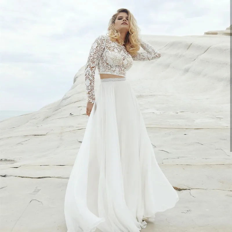 

Elegant Beach Wedding Dress 2021 Lace Appliques Chiffon Stain Full Sleeves Tulle Cut-Out Design O-Neck Boho Bride Robe De Mariée