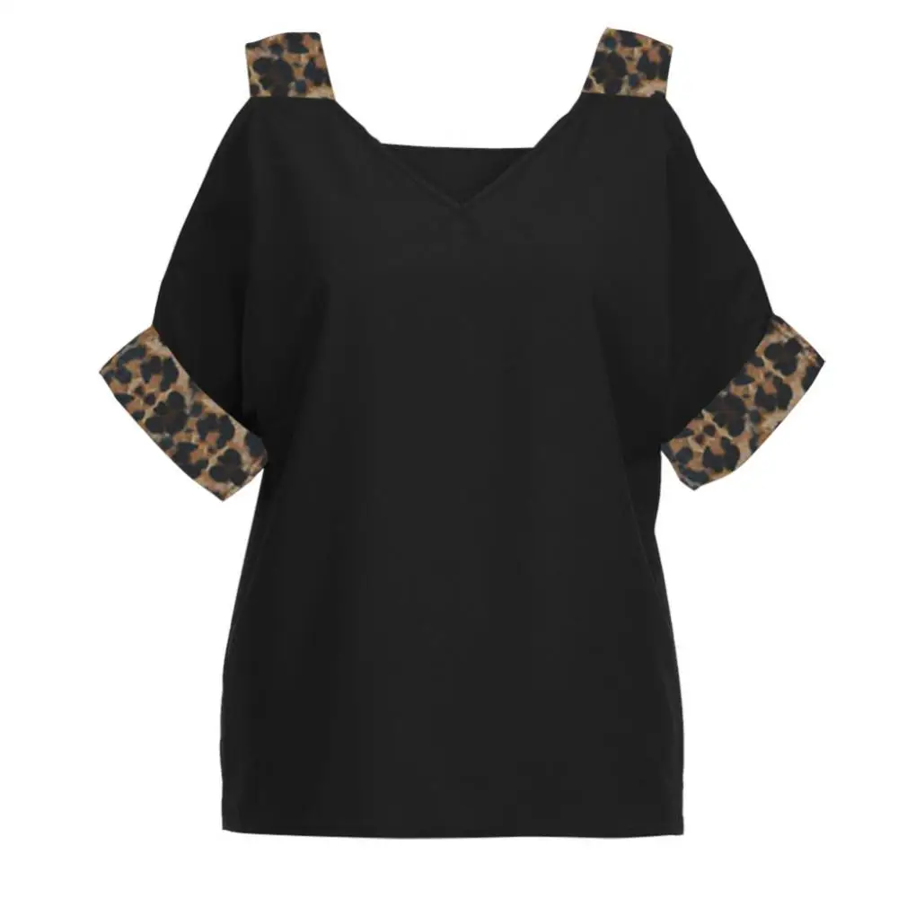 

Summer Woman tshirts Sexy Half Sleeve O-neck Tshirt for Women Leopard Patchwork Cold Shoulder T shirt Crop Tops femme t-shirts