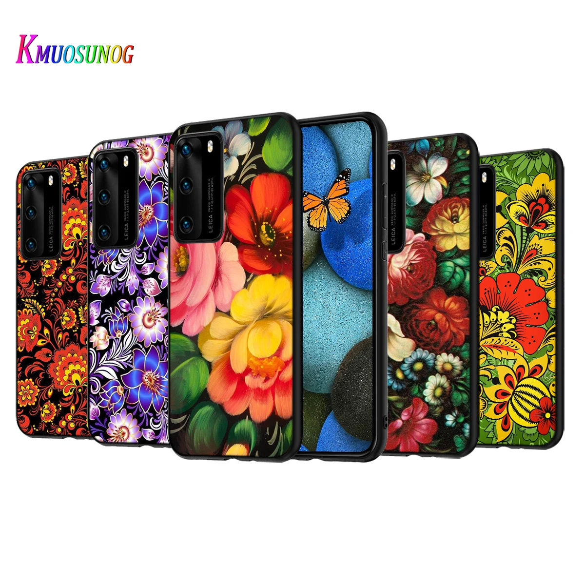 

Khokhloma Russian Flower Silicone Cover For Huawei P50 P40 P30 P20 Pro P10 P9 F8 Lite E Plus 2016 5G Black TPU Phone Case