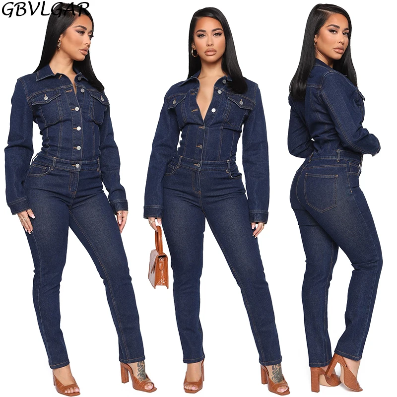 

2021 Hot Popular Autumn Plus Size 3XL Skinny Denim Jumpsuit and Rompers Lady Solid Full Sleeve Women High Waist Slim Jumpsuits