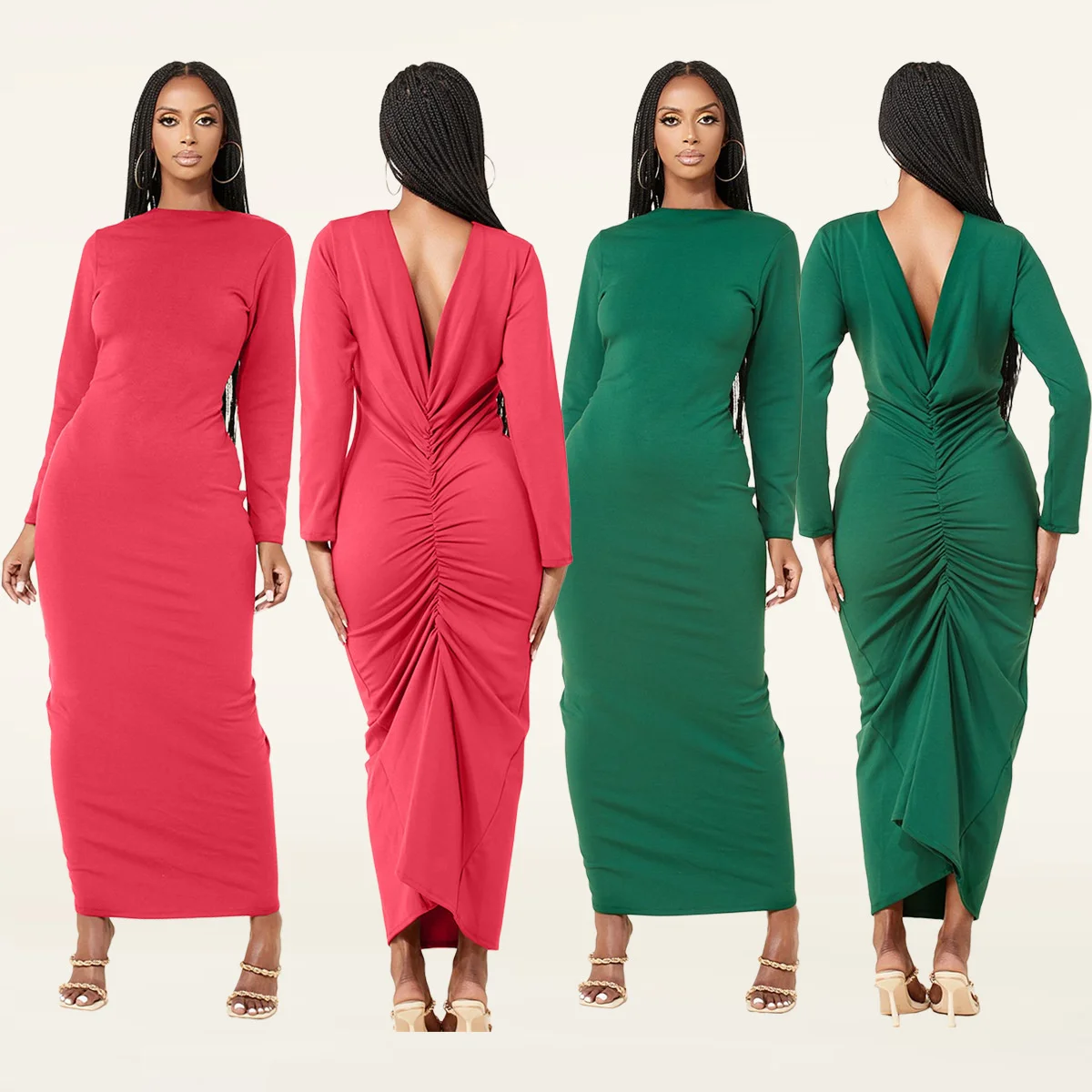 

Women's Solid Color V Neck Front And Back Long Sleeve Dress