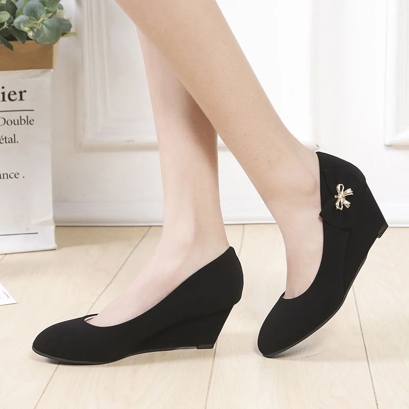 

2021 Women's High Heels Pumps Office Lady Women Shoes Sexy Wedges Party Thick Heel Round Toe Zapatillas Mujer Sweet Bow Pumps