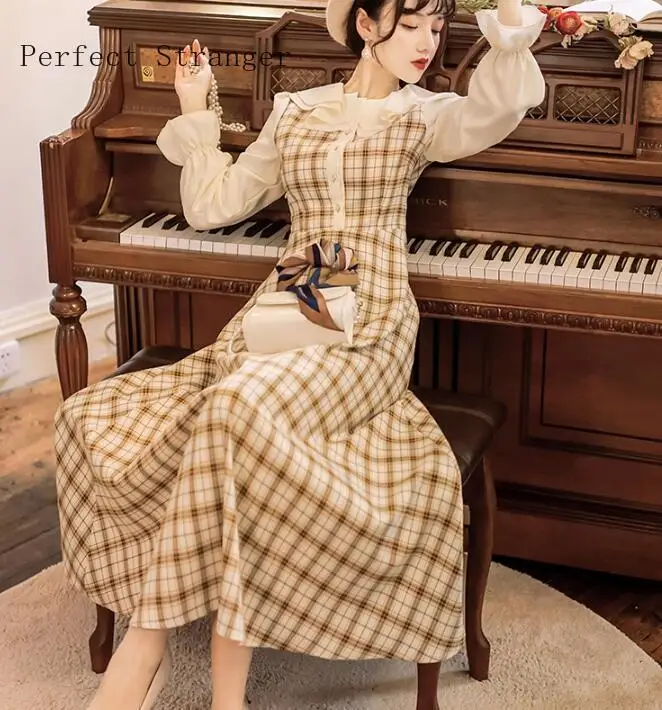 Женское шифоновое платье с длинным рукавом Элегантное Длинное в клетку оборками