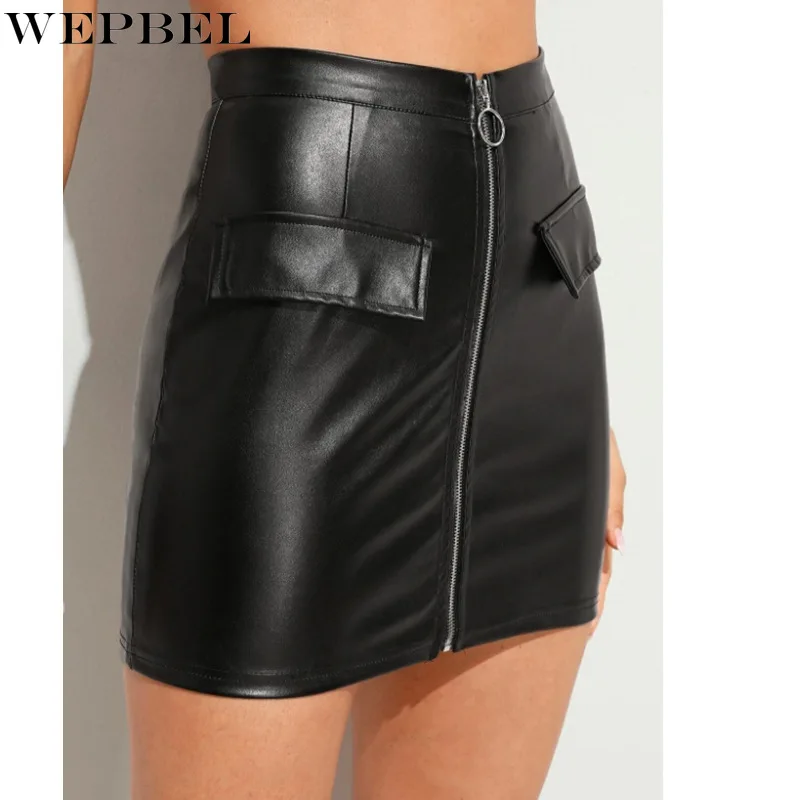 

WEPBEL Skirt Women's Casual Zipper PU Slim Skirt Autumn Fashion High Waist Solid Color Stitching Skirt