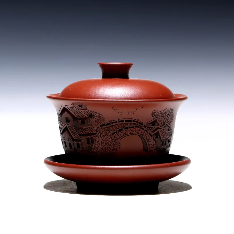 

Two 】 yixing undressed ore purple sand cup tea cup dahongpao town in jiangnan carved draw three tureen 140 cc