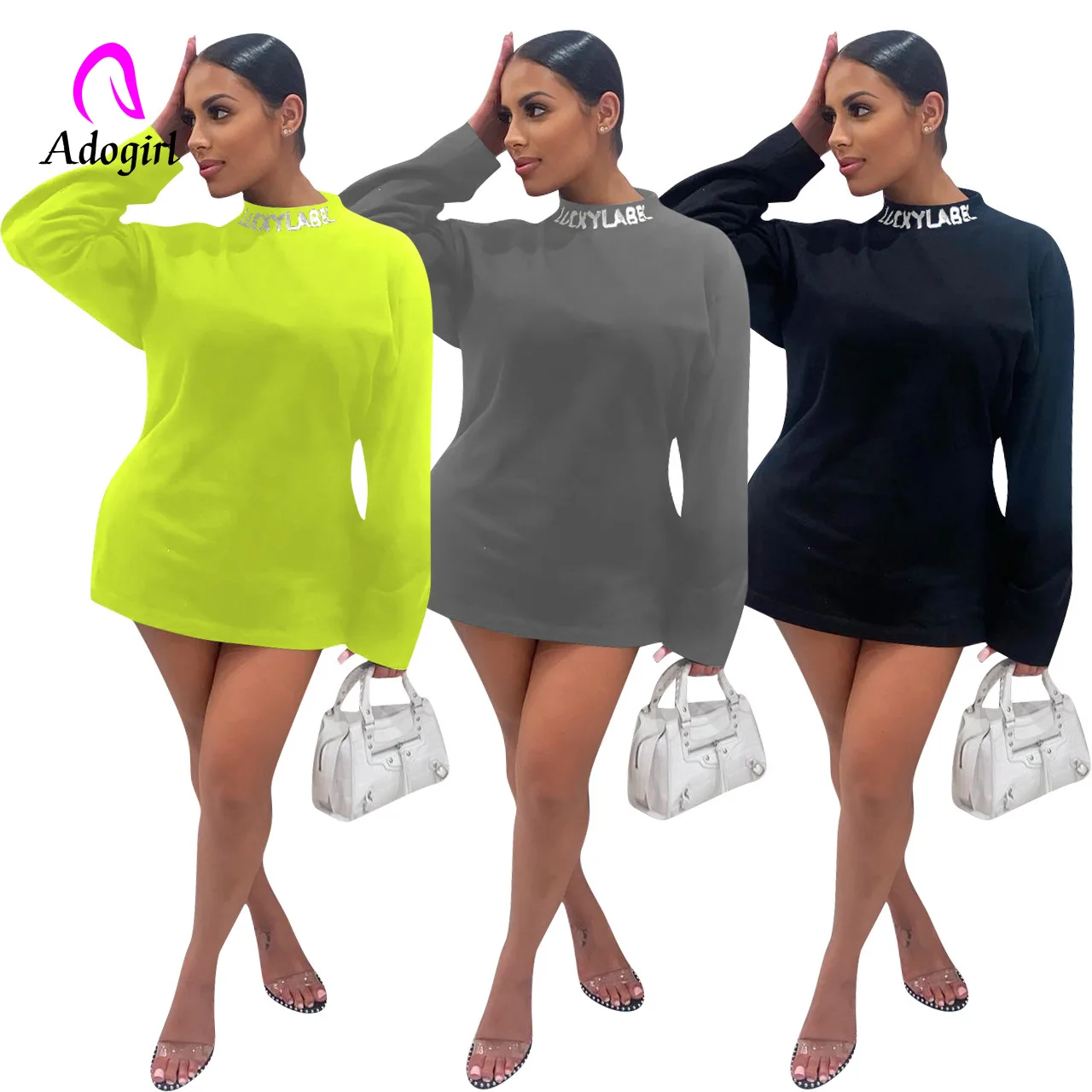 

Женское мини-платье с длинным рукавом, однотонное Повседневное платье-водолазка с буквенным принтом, осенняя одежда для тренировок и актив...