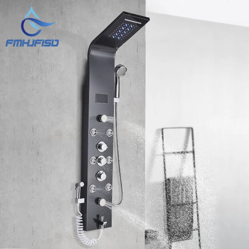 

LED Bath Shower Faucet Digital Display Bath Shower Panel Tower Shower Column Waterfall LED Shower Head W Body Masssage SPA Jet