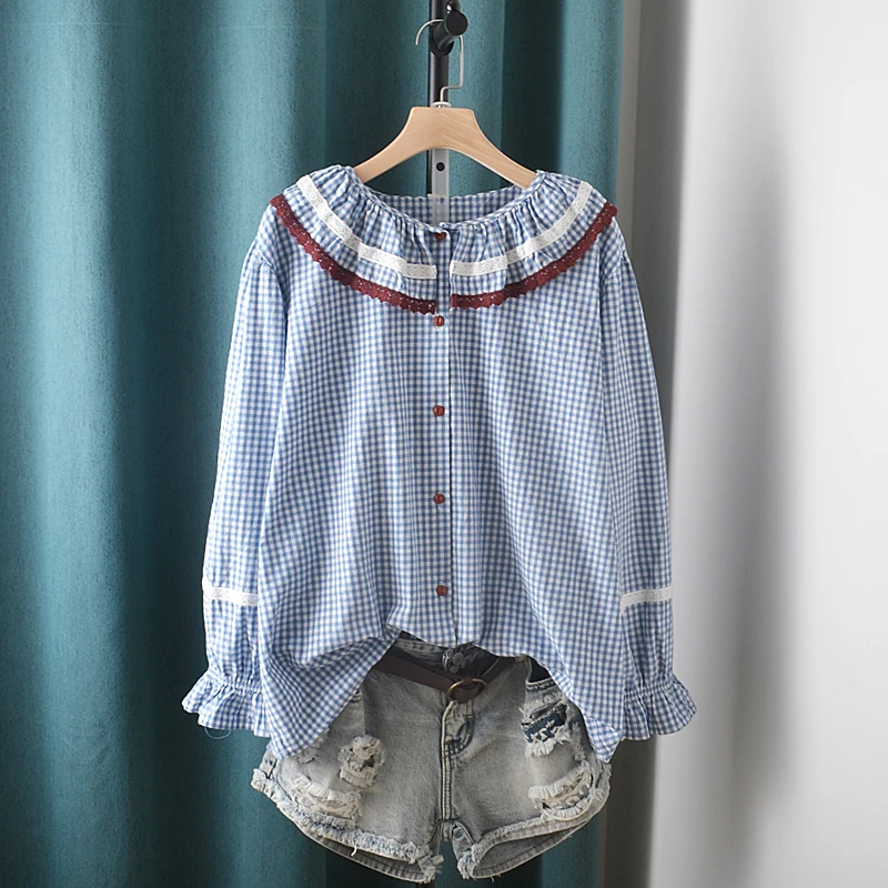 

Early Autumn Shirt Women Retro French Large Lapel Plaid Shirt Long Sleeve Shirt Tops Female Fz443