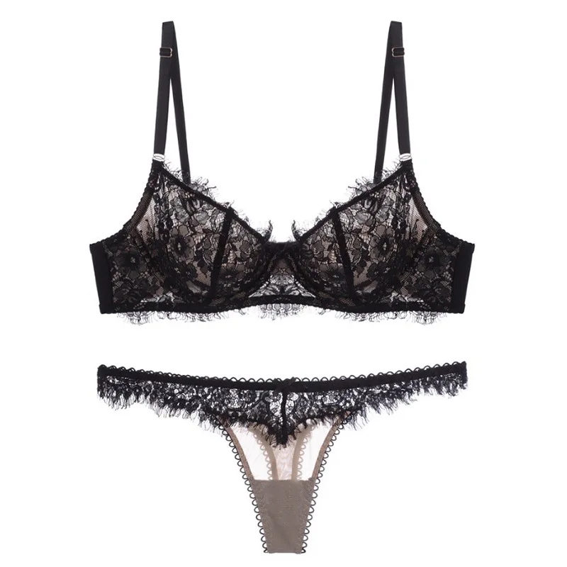 

Underwear Women Set Sexy Lingerie for Small Breast Thong Set Ultra Thin Lace Bralette Solid Color Breathable Backless Bra